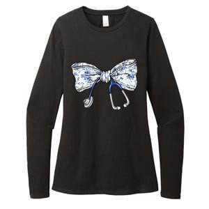 Cute Floral Blue Coquette Bow Stethoscope Nurse Doctor Womens CVC Long Sleeve Shirt