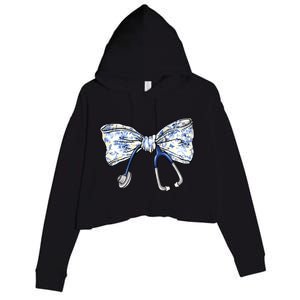 Cute Floral Blue Coquette Bow Stethoscope Nurse Doctor Crop Fleece Hoodie