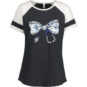 Cute Floral Blue Coquette Bow Stethoscope Nurse Doctor Enza Ladies Jersey Colorblock Tee