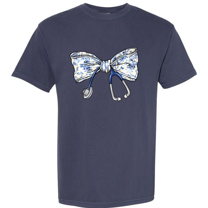 Cute Floral Blue Coquette Bow Stethoscope Nurse Doctor Garment-Dyed Heavyweight T-Shirt