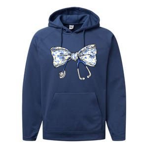 Cute Floral Blue Coquette Bow Stethoscope Nurse Doctor Performance Fleece Hoodie