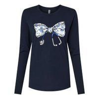 Cute Floral Blue Coquette Bow Stethoscope Nurse Doctor Womens Cotton Relaxed Long Sleeve T-Shirt