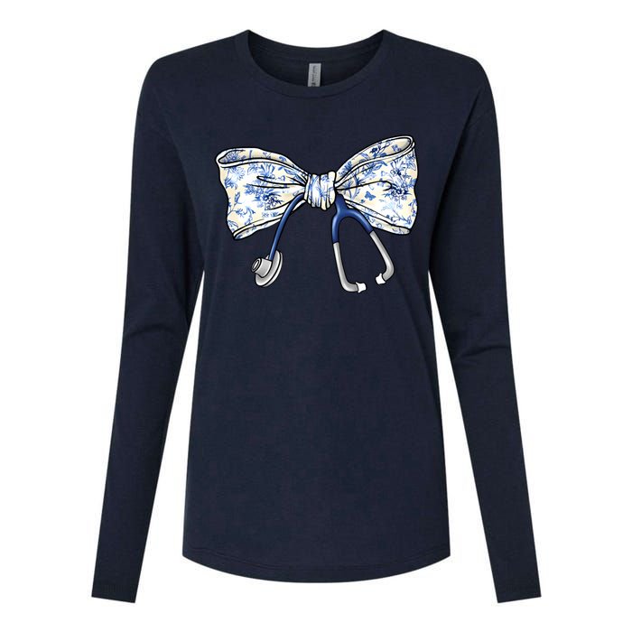 Cute Floral Blue Coquette Bow Stethoscope Nurse Doctor Womens Cotton Relaxed Long Sleeve T-Shirt