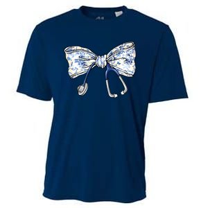 Cute Floral Blue Coquette Bow Stethoscope Nurse Doctor Cooling Performance Crew T-Shirt