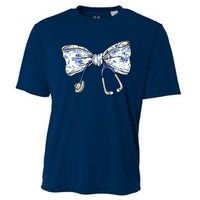 Cute Floral Blue Coquette Bow Stethoscope Nurse Doctor Cooling Performance Crew T-Shirt