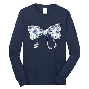 Cute Floral Blue Coquette Bow Stethoscope Nurse Doctor Long Sleeve Shirt