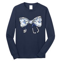 Cute Floral Blue Coquette Bow Stethoscope Nurse Doctor Long Sleeve Shirt