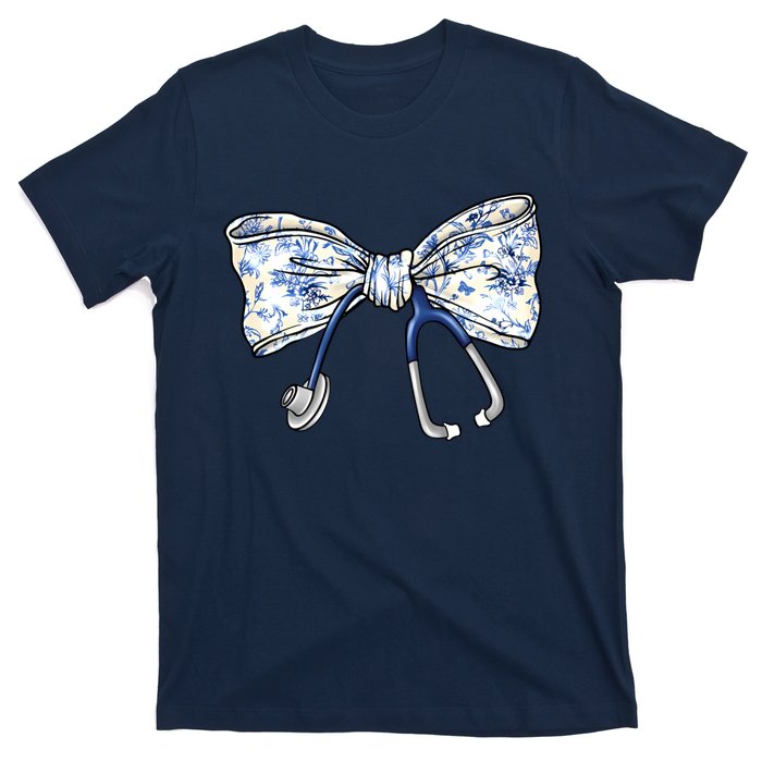 Cute Floral Blue Coquette Bow Stethoscope Nurse Doctor T-Shirt