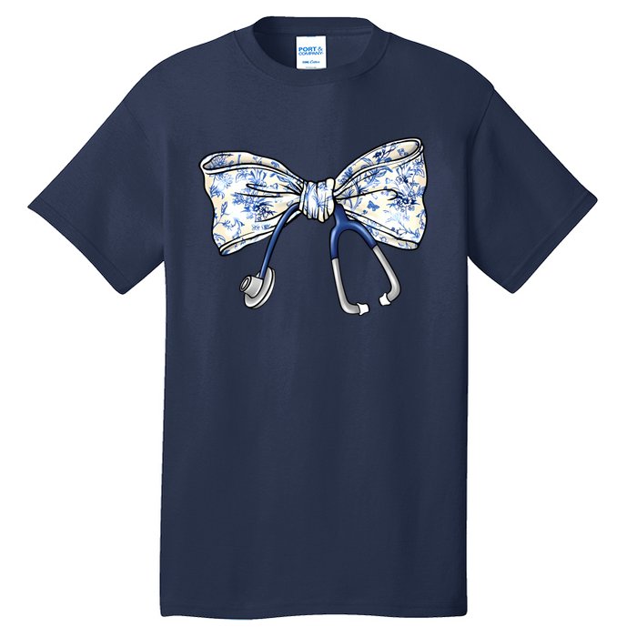 Cute Floral Blue Coquette Bow Stethoscope Nurse Doctor Tall T-Shirt