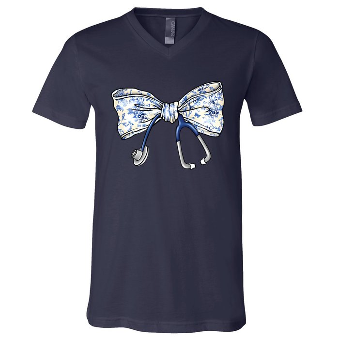 Cute Floral Blue Coquette Bow Stethoscope Nurse Doctor V-Neck T-Shirt