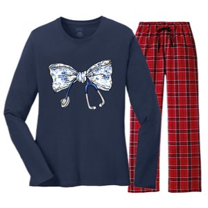 Cute Floral Blue Coquette Bow Stethoscope Nurse Doctor Women's Long Sleeve Flannel Pajama Set 