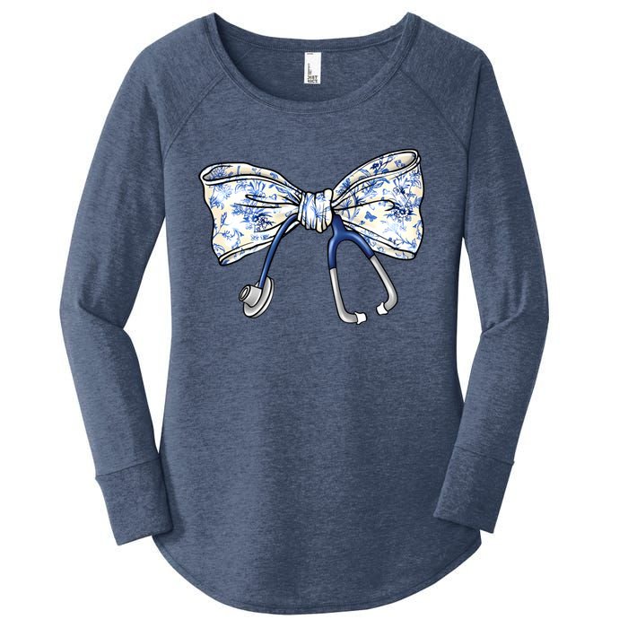 Cute Floral Blue Coquette Bow Stethoscope Nurse Doctor Women's Perfect Tri Tunic Long Sleeve Shirt