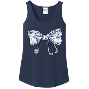 Cute Floral Blue Coquette Bow Stethoscope Nurse Doctor Ladies Essential Tank