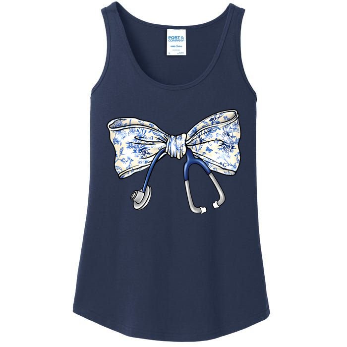 Cute Floral Blue Coquette Bow Stethoscope Nurse Doctor Ladies Essential Tank