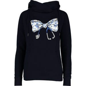 Cute Floral Blue Coquette Bow Stethoscope Nurse Doctor Womens Funnel Neck Pullover Hood