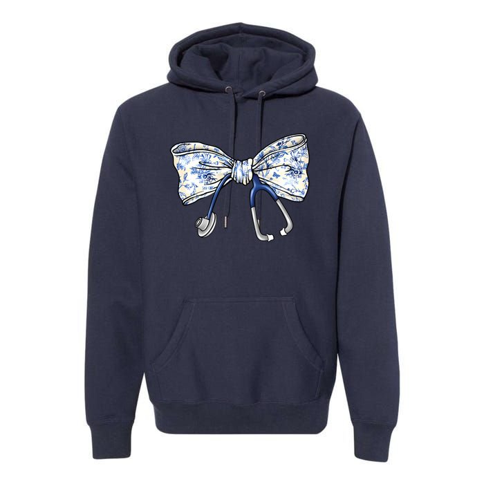 Cute Floral Blue Coquette Bow Stethoscope Nurse Doctor Premium Hoodie