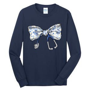 Cute Floral Blue Coquette Bow Stethoscope Nurse Doctor Tall Long Sleeve T-Shirt