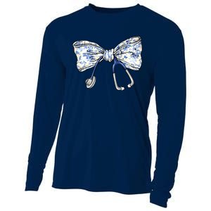 Cute Floral Blue Coquette Bow Stethoscope Nurse Doctor Cooling Performance Long Sleeve Crew