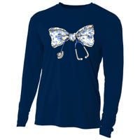 Cute Floral Blue Coquette Bow Stethoscope Nurse Doctor Cooling Performance Long Sleeve Crew