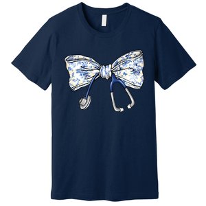 Cute Floral Blue Coquette Bow Stethoscope Nurse Doctor Premium T-Shirt