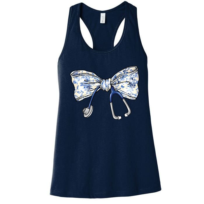 Cute Floral Blue Coquette Bow Stethoscope Nurse Doctor Women's Racerback Tank