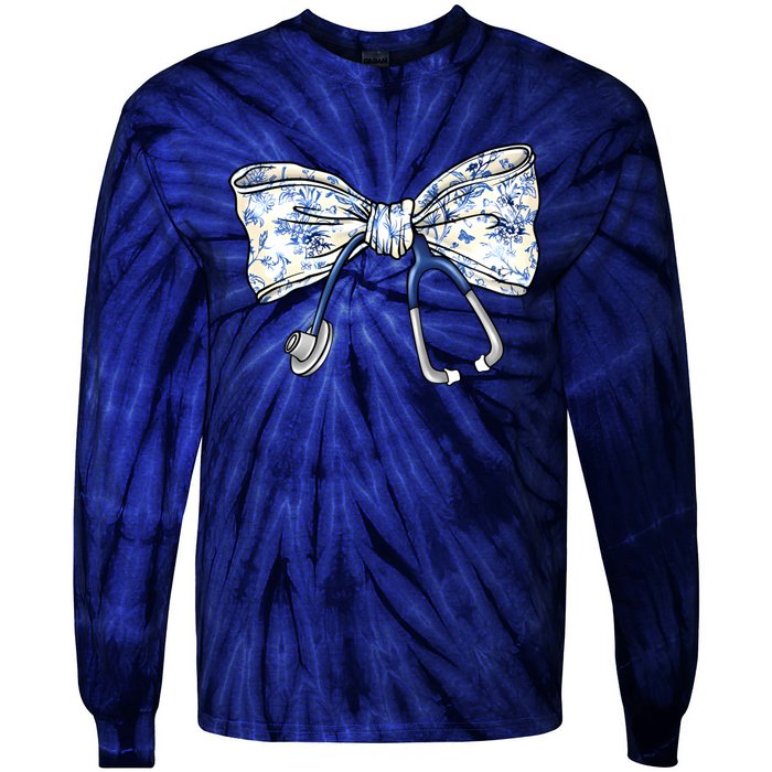 Cute Floral Blue Coquette Bow Stethoscope Nurse Doctor Tie-Dye Long Sleeve Shirt