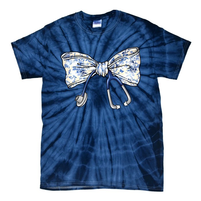 Cute Floral Blue Coquette Bow Stethoscope Nurse Doctor Tie-Dye T-Shirt