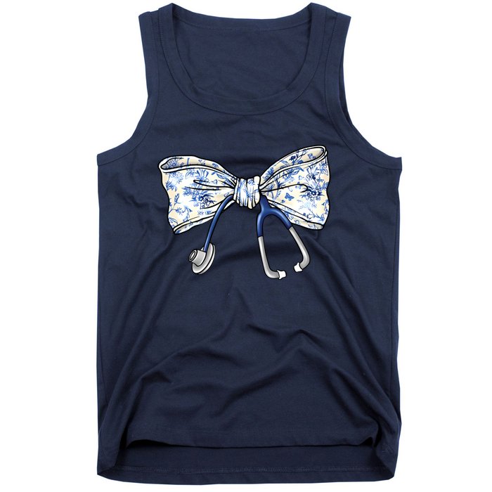 Cute Floral Blue Coquette Bow Stethoscope Nurse Doctor Tank Top