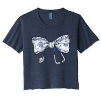 Cute Floral Blue Coquette Bow Stethoscope Nurse Doctor Women's Crop Top Tee