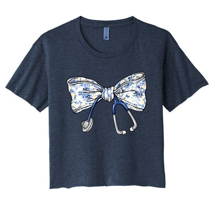 Cute Floral Blue Coquette Bow Stethoscope Nurse Doctor Women's Crop Top Tee