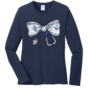 Cute Floral Blue Coquette Bow Stethoscope Nurse Doctor Ladies Long Sleeve Shirt