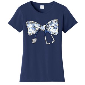 Cute Floral Blue Coquette Bow Stethoscope Nurse Doctor Women's T-Shirt