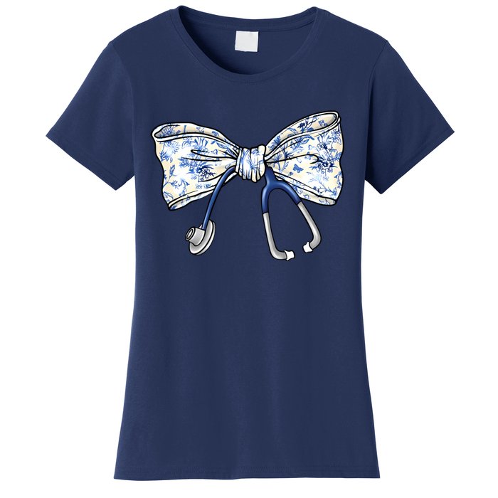 Cute Floral Blue Coquette Bow Stethoscope Nurse Doctor Women's T-Shirt