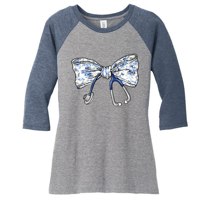 Cute Floral Blue Coquette Bow Stethoscope Nurse Doctor Women's Tri-Blend 3/4-Sleeve Raglan Shirt