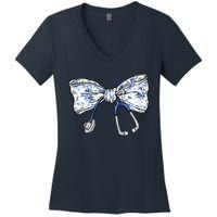 Cute Floral Blue Coquette Bow Stethoscope Nurse Doctor Women's V-Neck T-Shirt