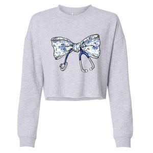 Cute Floral Blue Coquette Bow Stethoscope Nurse Doctor Cropped Pullover Crew