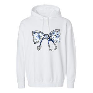 Cute Floral Blue Coquette Bow Stethoscope Nurse Doctor Garment-Dyed Fleece Hoodie