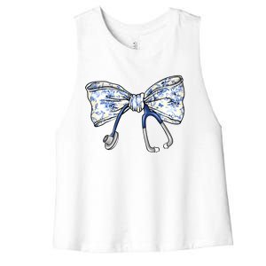 Cute Floral Blue Coquette Bow Stethoscope Nurse Doctor Women's Racerback Cropped Tank