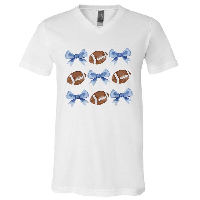 Coquette Football Bow Football Mom Game Day Women Girl V-Neck T-Shirt