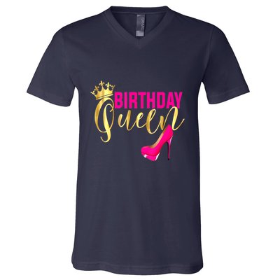 Cute Funny Birthday Queen Gift Girly Pink Shoe Crown Wo Birthday V-Neck T-Shirt