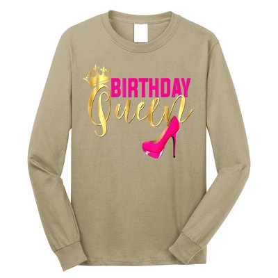 Cute Funny Birthday Queen Gift Girly Pink Shoe Crown Wo Birthday Long Sleeve Shirt