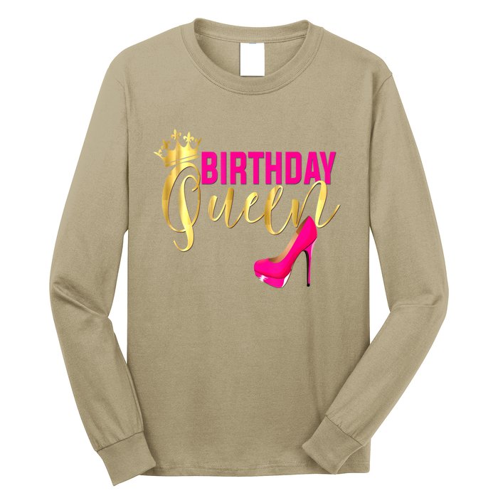 Cute Funny Birthday Queen Gift Girly Pink Shoe Crown Wo Birthday Long Sleeve Shirt