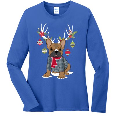 Cute French Bulldog Frenchie Christmas Reindeer Gift Ladies Long Sleeve Shirt