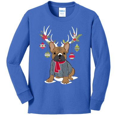 Cute French Bulldog Frenchie Christmas Reindeer Gift Kids Long Sleeve Shirt