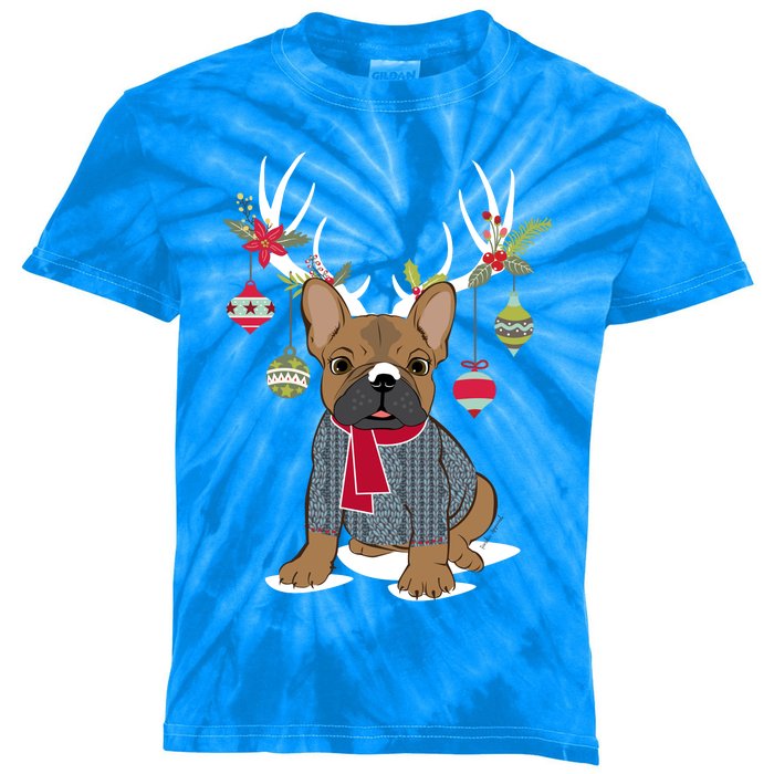 Cute French Bulldog Frenchie Christmas Reindeer Gift Kids Tie-Dye T-Shirt