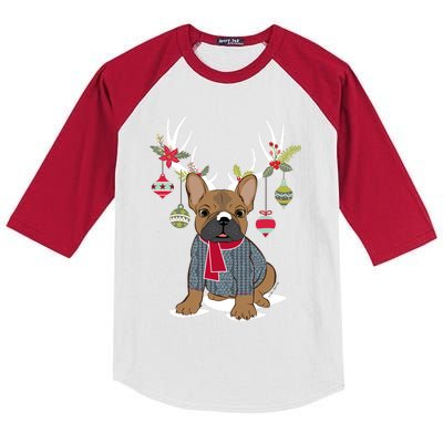 Cute French Bulldog Frenchie Christmas Reindeer Gift Kids Colorblock Raglan Jersey