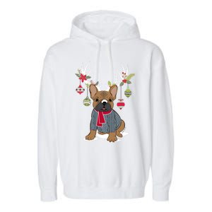 Cute French Bulldog Frenchie Christmas Reindeer Gift Garment-Dyed Fleece Hoodie