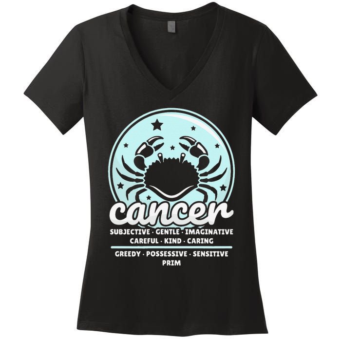 Cancer Facts Birthday Zodiac Sign Moon Astrology Women's V-Neck T-Shirt