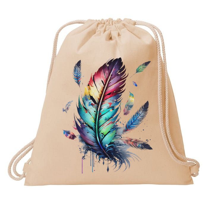 Colorful Feathers Boho Style, Bird, Native Americans, Symbol Drawstring Bag