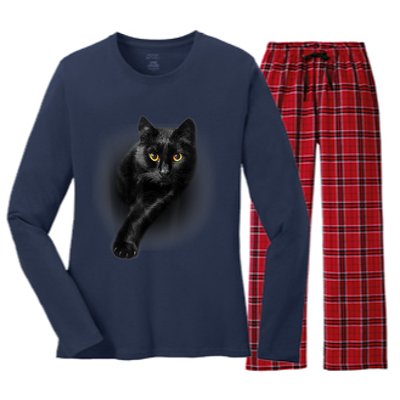 Cute Funny Black Cat Yellow Eyes T Cats Women's Long Sleeve Flannel Pajama Set 